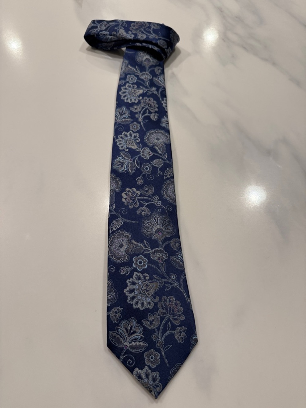 Ermenegildo Zegna Navy Floral Silk Tie with Light Blue Motif and Hint of Purple